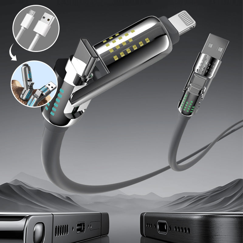 Universal 4-in-1 USB-C fast charging cable powering a smartphone, tablet, and laptop simultaneously
