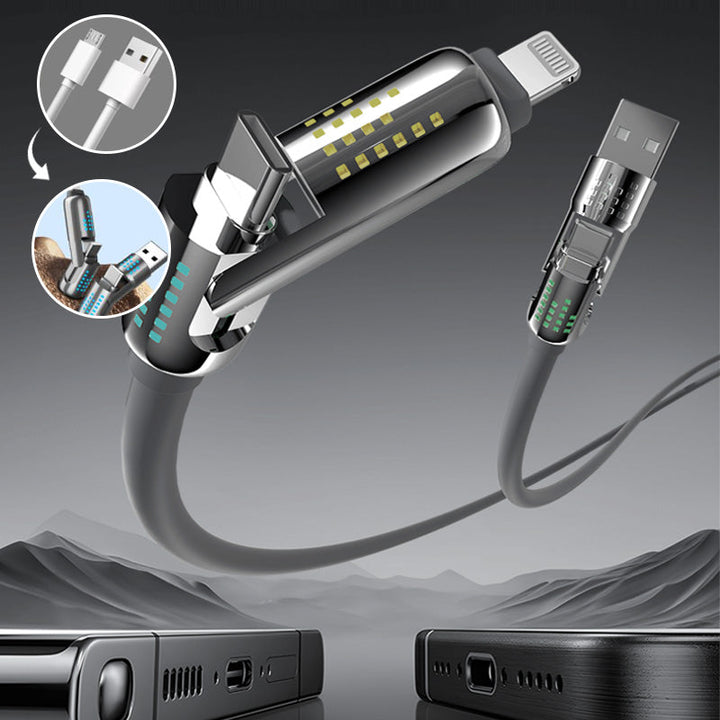 Universal 4-in-1 USB-C fast charging cable powering a smartphone, tablet, and laptop simultaneously
