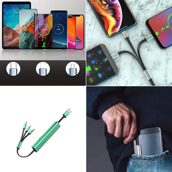 The 3-in-1 fast charging cable with various electronics, demonstrating its broad compatibility.
