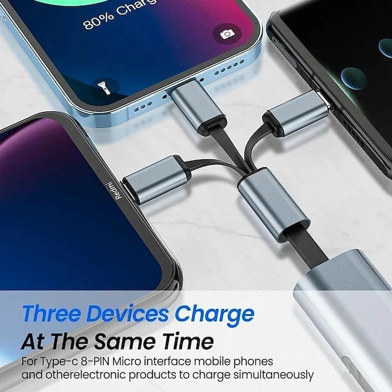 Close-up of the versatile 3-in-1 fast charger showing distinct USB-C, Micro USB, and Apple tips.