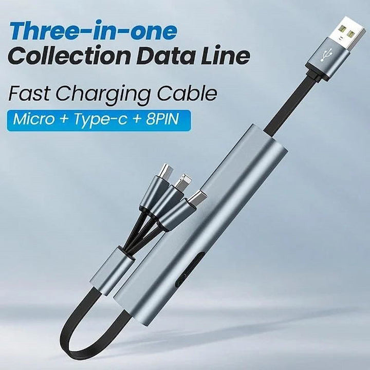 Black universal 3-in-1 charging cable coiled neatly, emphasizing its portability and multi-device use.