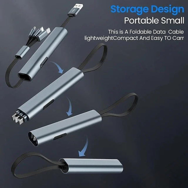 Durable universal 3-in-1 charging cable in a travel bag, highlighting its convenience for electronics.