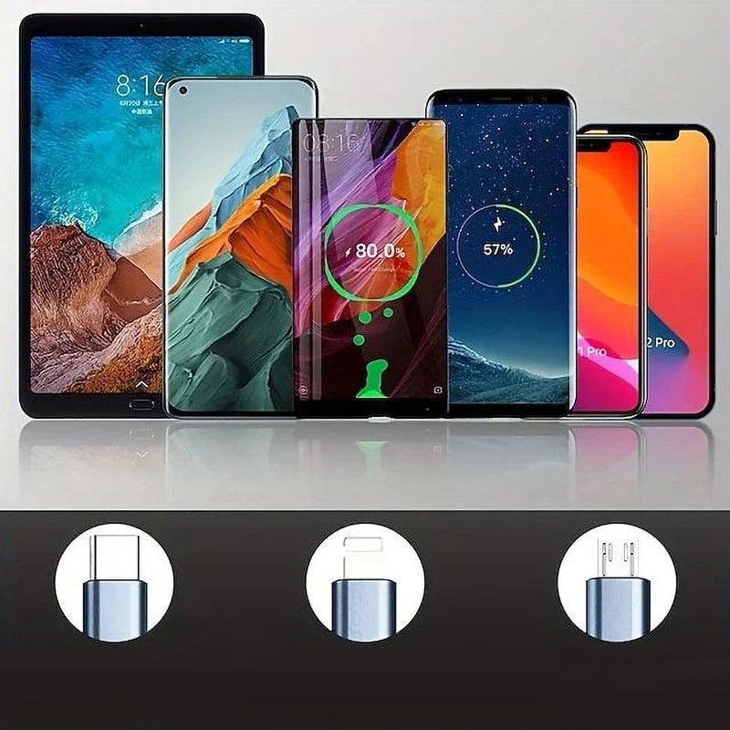 Three distinct connectors (USB-C, Micro USB, Apple) on a single 3-in-1 fast charging cable.