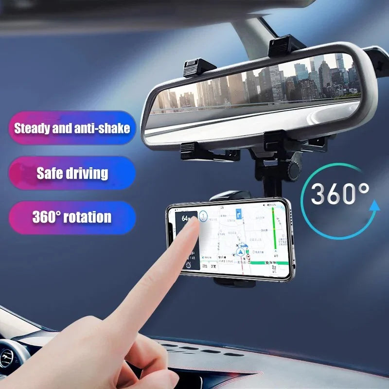 Universal 360° rotatable car rearview mirror phone holder for secure mobile mounting while driving