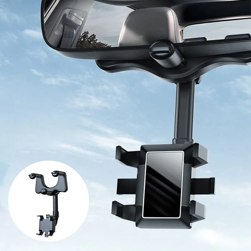 Car rearview mirror phone holder with 360-degree rotation, fits most smartphones, black finish