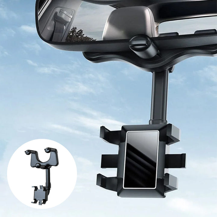 Car rearview mirror phone holder with 360-degree rotation, fits most smartphones, black finish