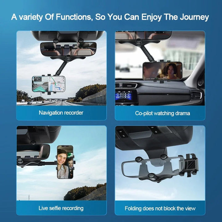 Adjustable car phone holder, mounts on rearview mirror, offers 360° rotation for optimal viewing