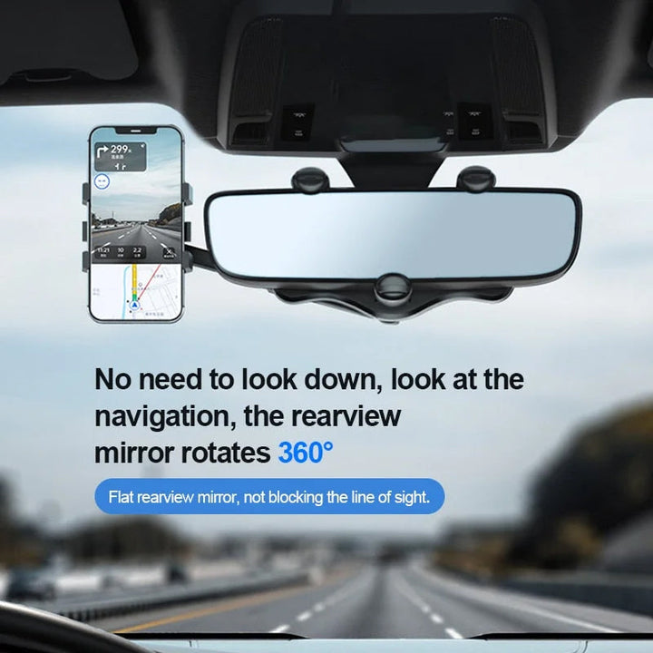 Dashboard mount alternative: 360° rotatable phone holder securely grips car rearview mirror