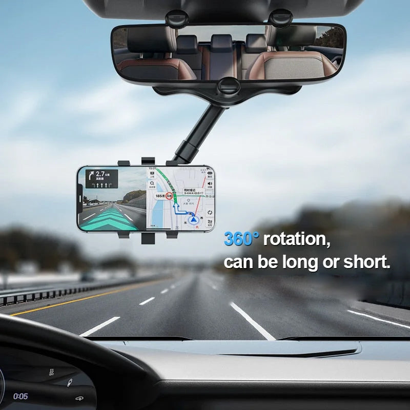 Black universal car phone holder, attaches to rearview mirror, allows 360-degree angle adjustments
