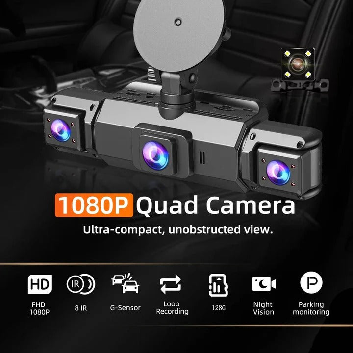 Multi-channel WiFi dash cam system providing 360-degree vehicle security & driving recorder with parking monitor.
