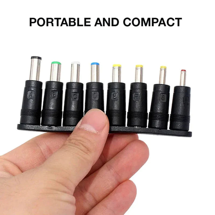Black multi-tip DC power adapter set, 8 interchangeable connectors for various electronic devices