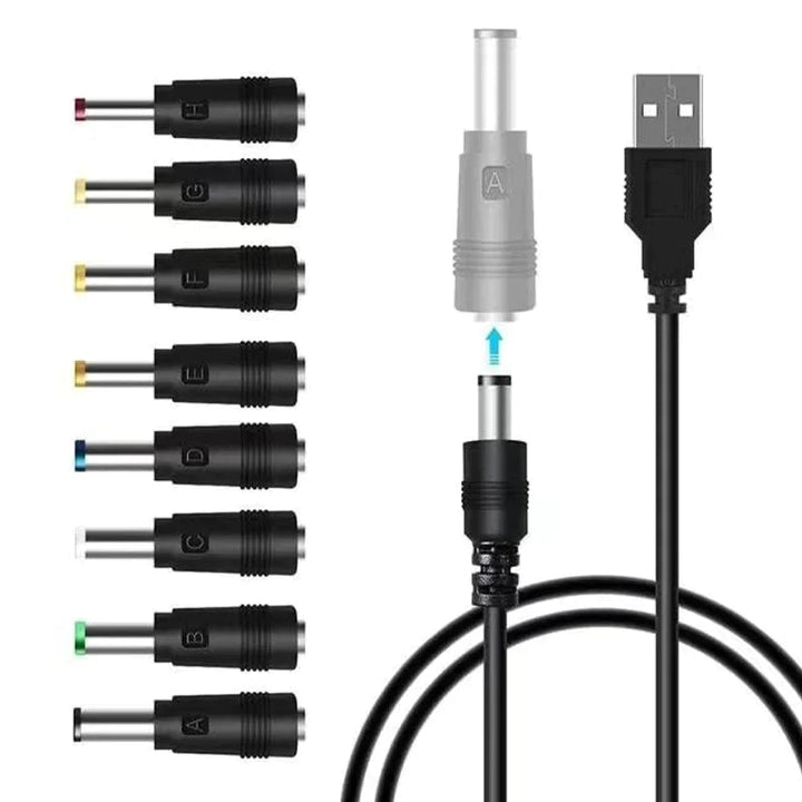 Display of universal 8-in-1 DC power connector tips, ideal for laptop and electronics repair