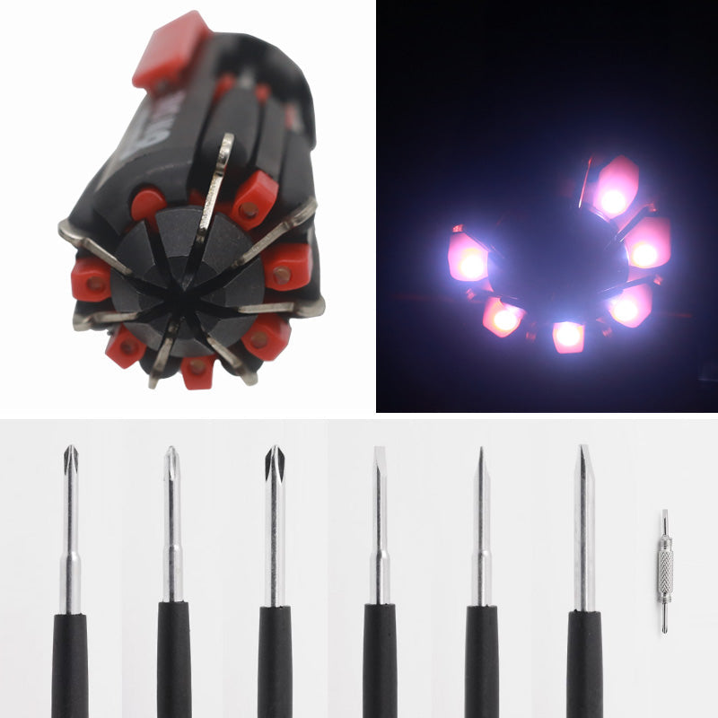 Multi-tool screwdriver featuring 8 bits and built-in LED worklight for versatile use