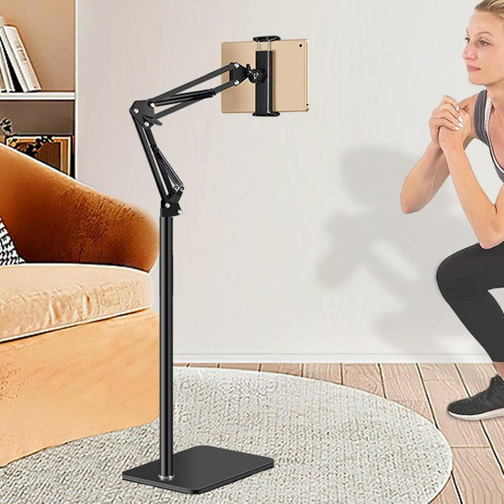 Tablet floor stand with 360° rotation, adjustable for optimal viewing & ergonomic support for all devices.