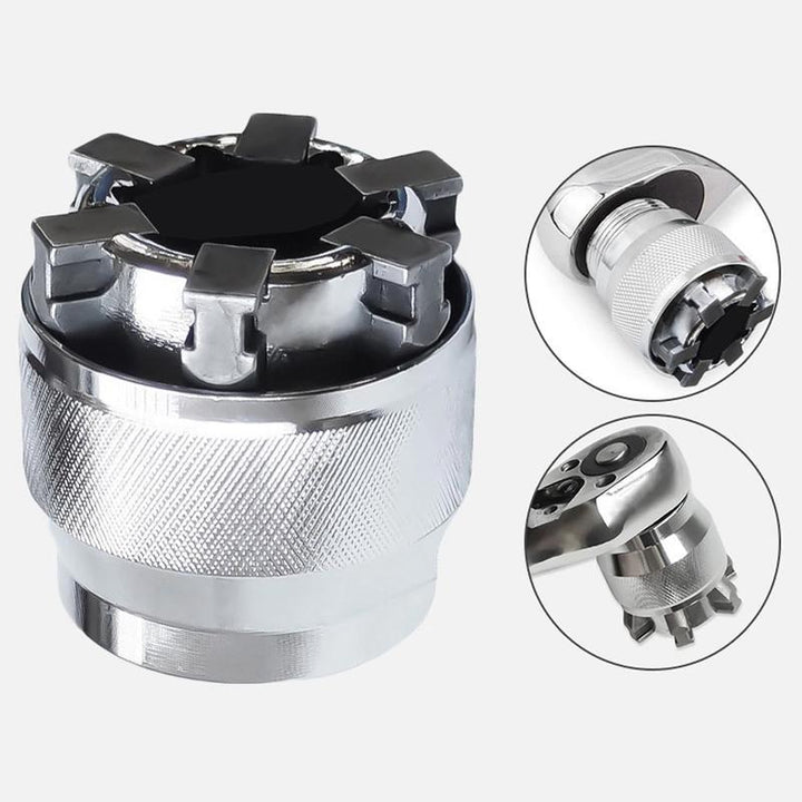 Universal adjustable socket wrench in a garage setting, ready for repair and maintenance tasks.