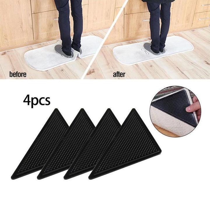 Anti-slip rug corner grippers, shown in use under a living room area rug, enhancing home safety