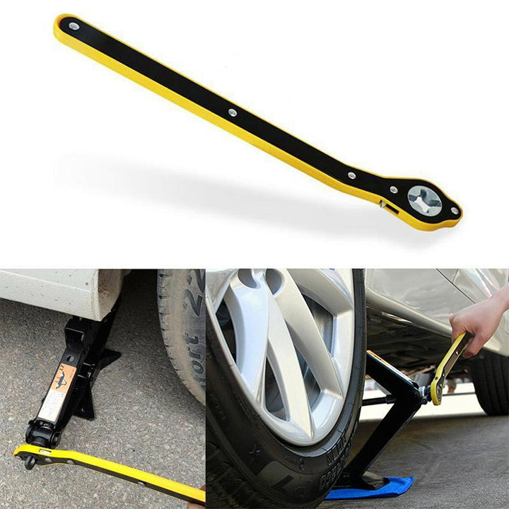 Universal auto jack ratchet wrench with comfortable grip, a must-have tool for car tire repairs.