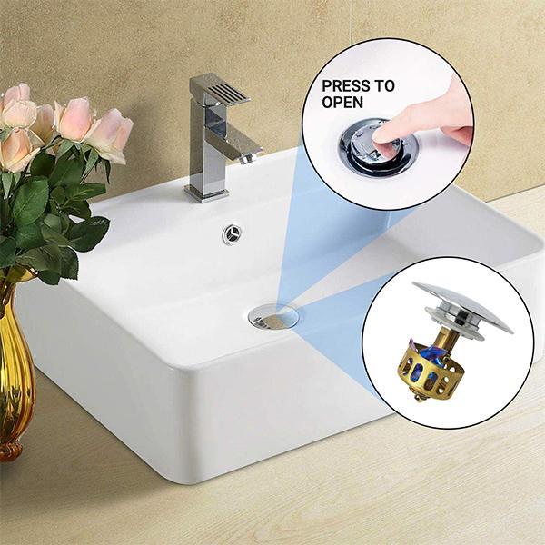 Close-up of stainless steel pop-up drain filter & stopper for bathroom and kitchen basins