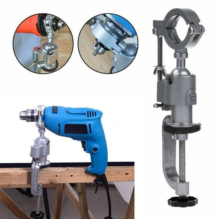 Universal Bench Clamp securely holding a rotary tool for precision crafting and drilling tasks in a workshop.