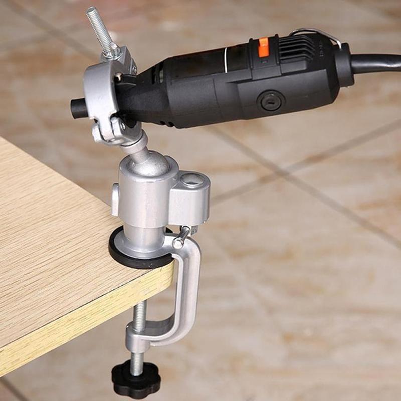 Close-up of a universal bench clamp gripping a rotary tool firmly, enhancing control for detailed work.