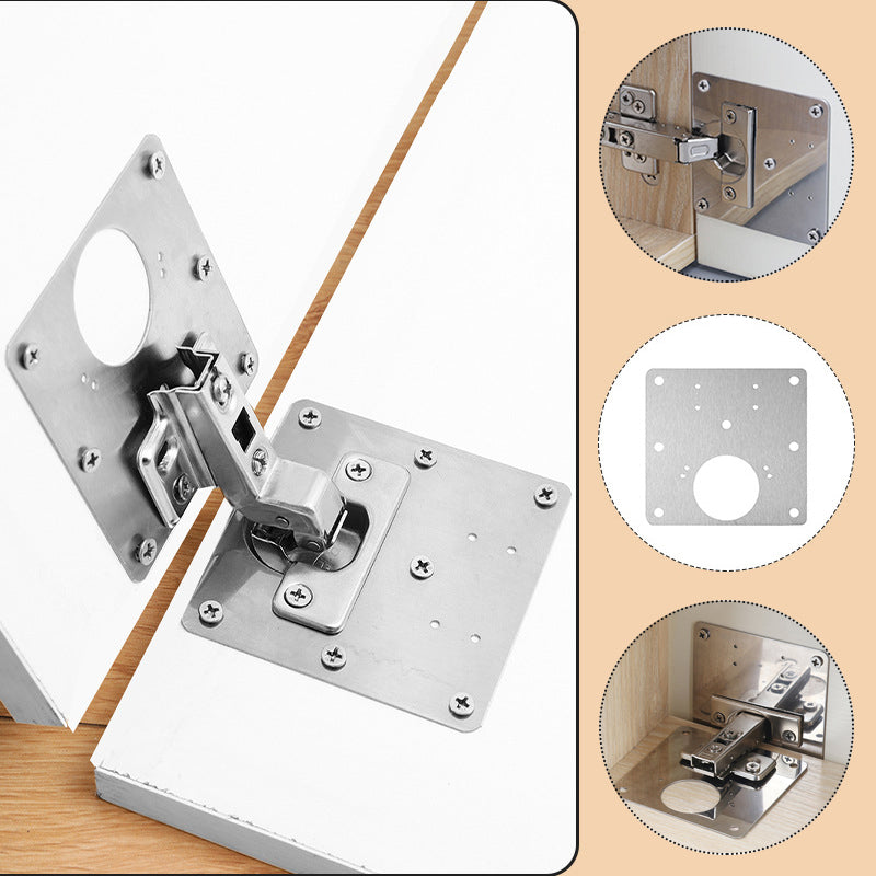Universal Cabinet Hinge Repair Plate Kit for furniture, includes stainless steel plates & screws for DIY fix