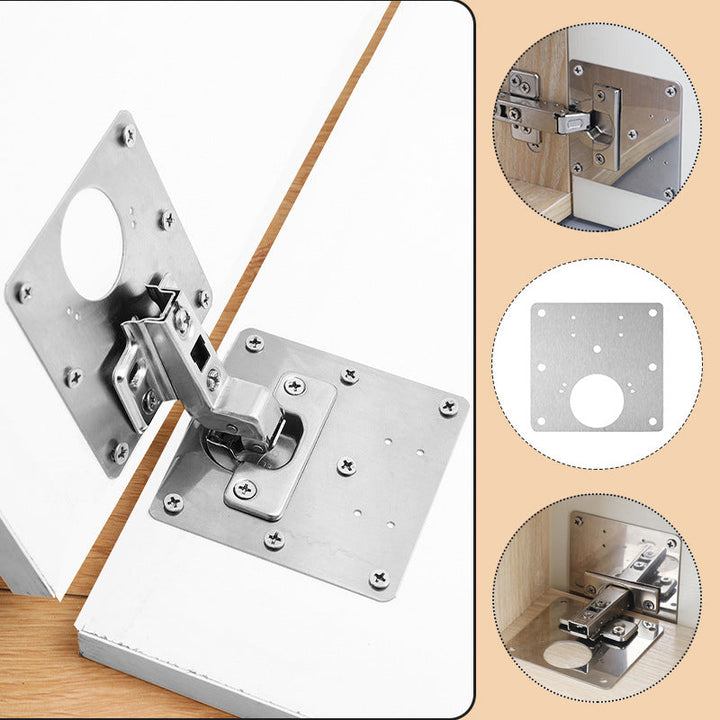 Universal Cabinet Hinge Repair Plate Kit for furniture, includes stainless steel plates & screws for DIY fix