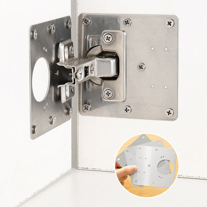 Detail view of a hinge repair plate from the kit, designed for strong and lasting cabinet hardware fixes