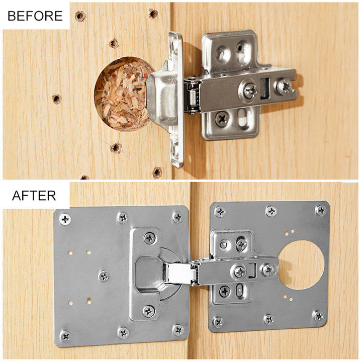 Close-up of Universal Cabinet Hinge Repair Plate Kit, showing durable stainless steel construction for hinges