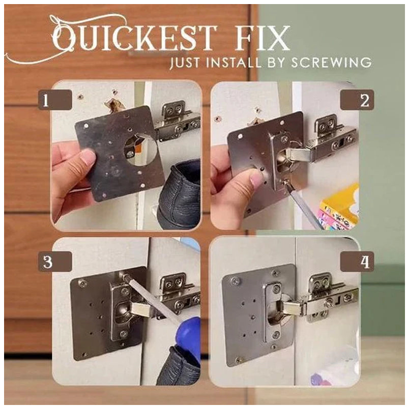 Man installing a Universal Cabinet Hinge Repair Plate Kit on a kitchen cabinet door, a quick DIY fix