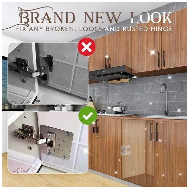 Stainless steel hinge repair plates from the Universal Kit, essential cabinet hardware for household tools