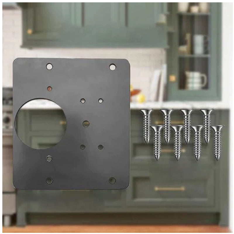 Before & after image showing a broken cabinet hinge repaired with the Universal Cabinet Hinge Repair Plate Kit