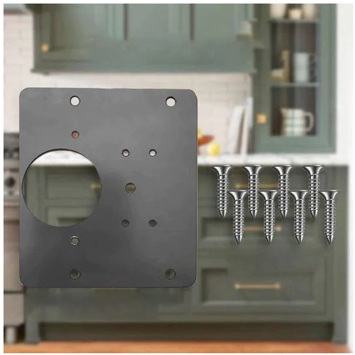 Before & after image showing a broken cabinet hinge repaired with the Universal Cabinet Hinge Repair Plate Kit