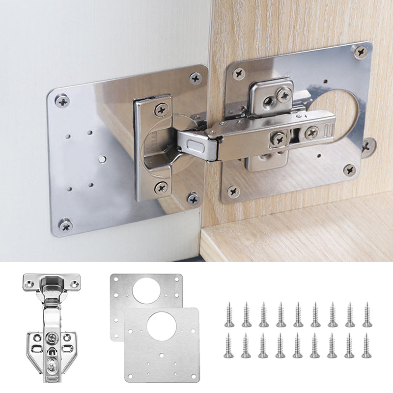 Packaging of Universal Cabinet Hinge Repair Plate Kit, highlighting its use for all cabinet hinge types, DIY
