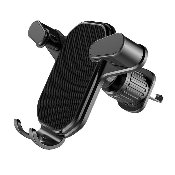 Universal car air vent phone mount, black, securely holding a smartphone for safe driving and navigation.