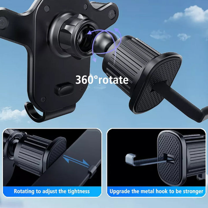 Compact universal car air vent phone holder, adjustable grip, compatible with various phone sizes for auto use.