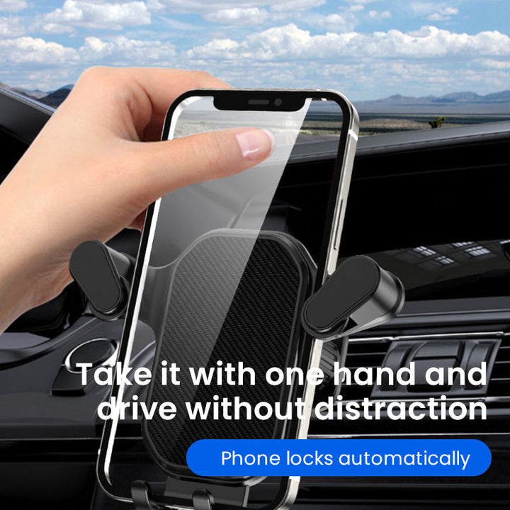 Hands-free mobile phone mount attached to a car's air vent, enabling easy access to navigation apps.
