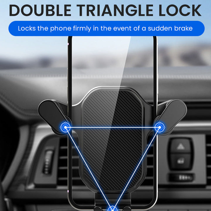 Black universal car phone mount installed on an air vent, ready for hands-free calls and GPS navigation.