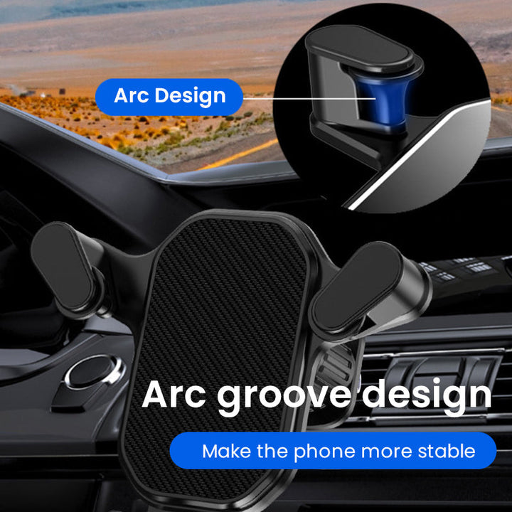 Image demonstrating a smartphone securely held in a universal car air vent mount for safe, distraction-free driving.