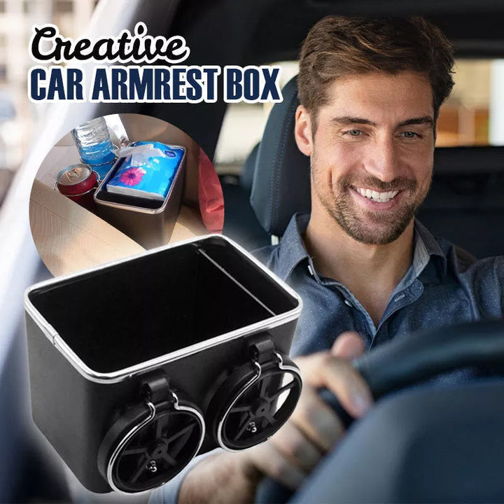 Universal Car Armrest Storage Box & Organizer, black with multiple compartments, for a tidy vehicle interior.