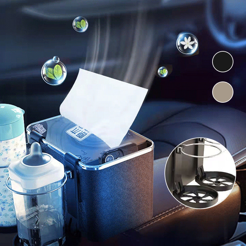 Compact car armrest storage box with cup holder, ideal for small items and beverages, universal fit.