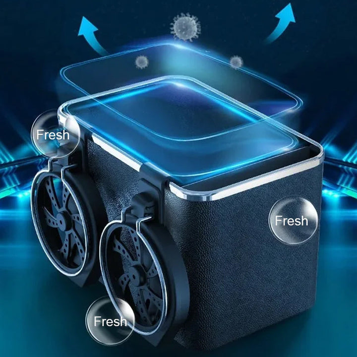 Detailed view of the multi-functional Car Armrest Storage Box interior, showcasing compartments and pockets.