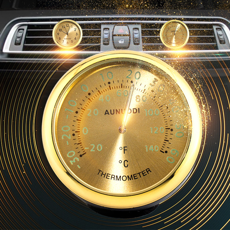 Close-up of universal car dashboard clock, showcasing its bright luminous display in a car