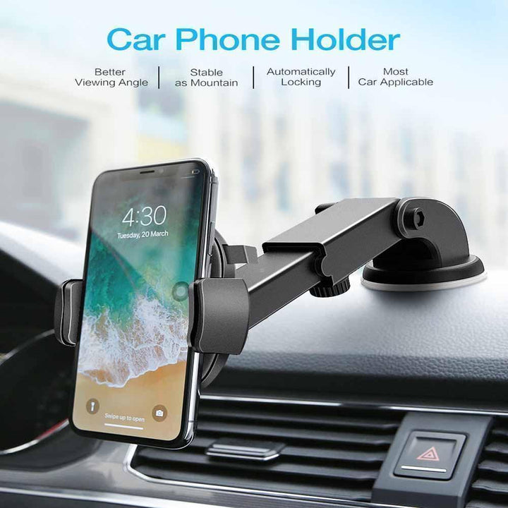 Universal car phone holder mount on dashboard, black, secure grip, hands-free driving accessory