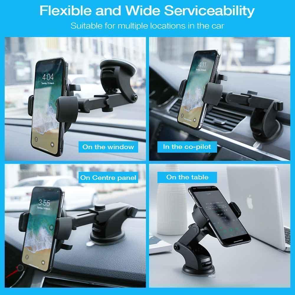 Adjustable universal car phone mount, 360-degree rotation, for safe navigation and hands-free calls
