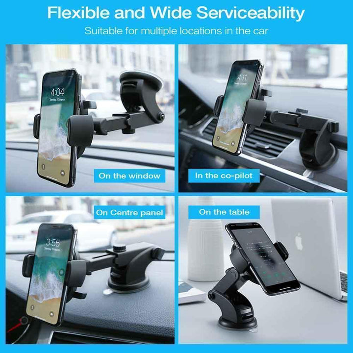 Adjustable universal car phone mount, 360-degree rotation, for safe navigation and hands-free calls
