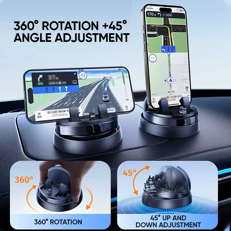 Universal car phone mount with auto-clamp, 360° rotation for dashboard, compatible with most smartphones.
