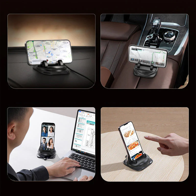 Car phone mount with a smartphone securely held by its auto-clamp, demonstrating 360° rotation.