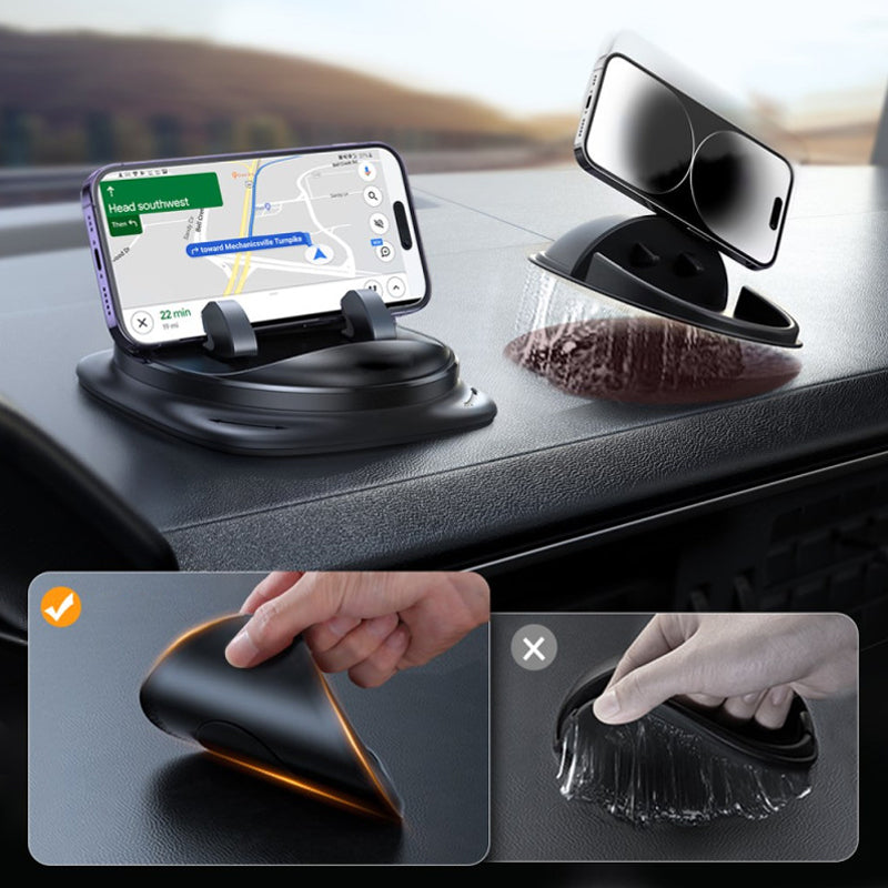 Dashboard installed car accessory: a phone mount with 360° rotation for landscape or portrait viewing.