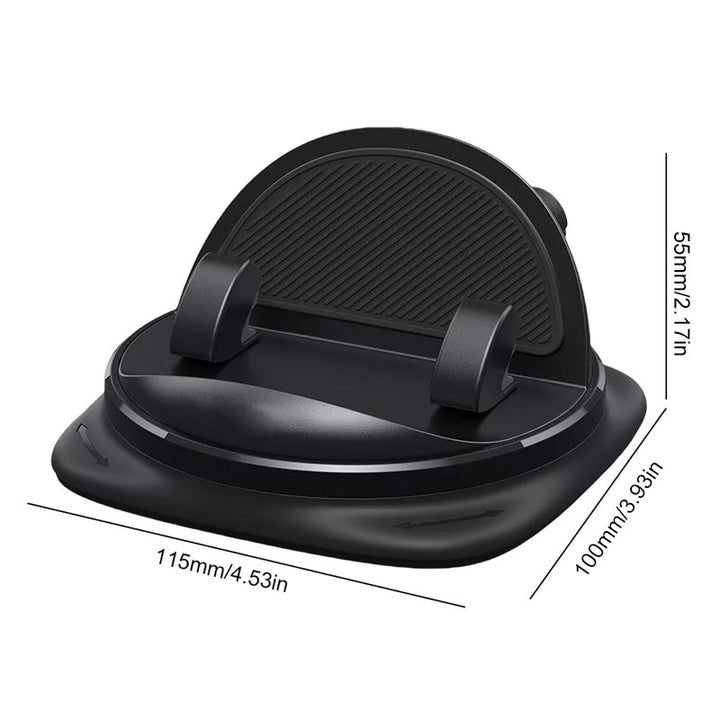 Mobile holder for car vents or dashboard, auto-clamp, 360-degree rotating for hands-free navigation.