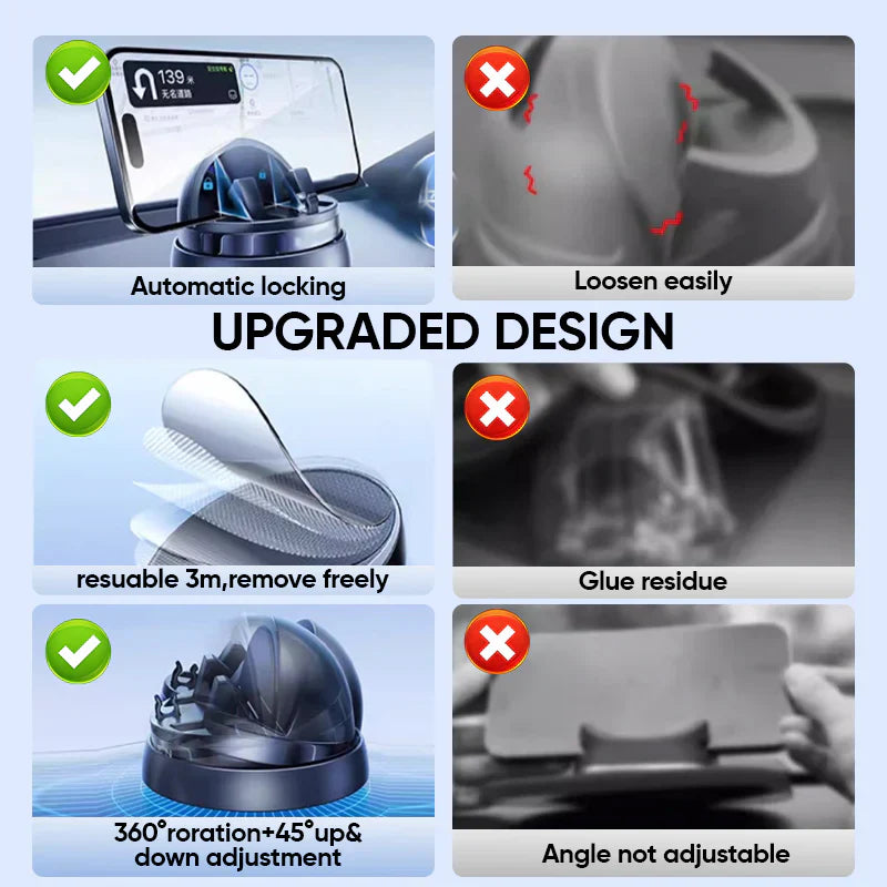 Dashboard phone mount featuring automatic clamping and 360° rotation for optimal viewing.